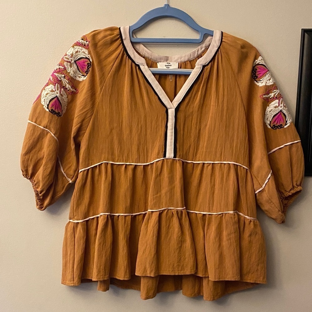 Entro Tan Blouse with Pink Embroidered top